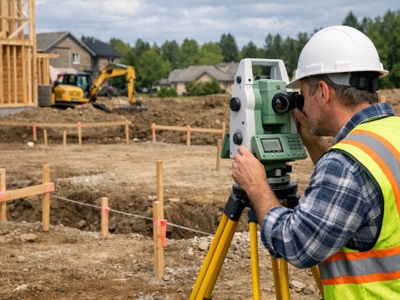 Construction survey staking new home build - York Land Surveying Land surveyor performing a construction survey with staking markers at a residential home construction site