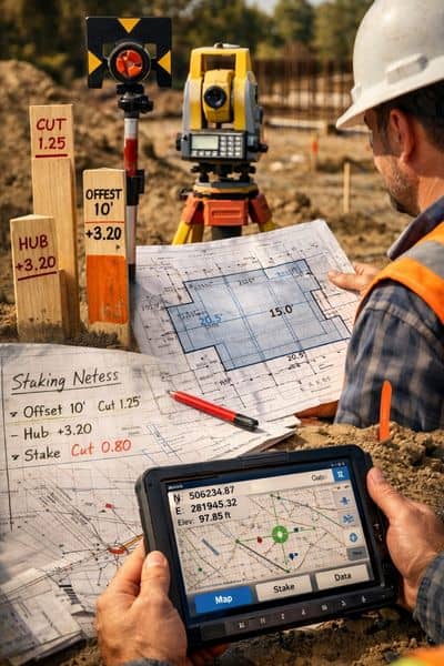 Construction survey staking plan and gps layout - York Land Surveying Construction surveyor reviewing staking plans and GPS layout data at an active residential building site