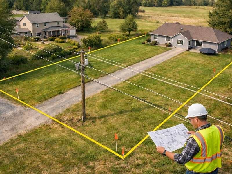 Land surveyor reviewing a residential property easement with visible boundary lines and utility access area