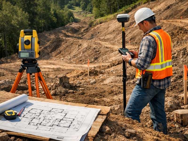 Topographic survey being completed on a sloped construction site before building and grading work