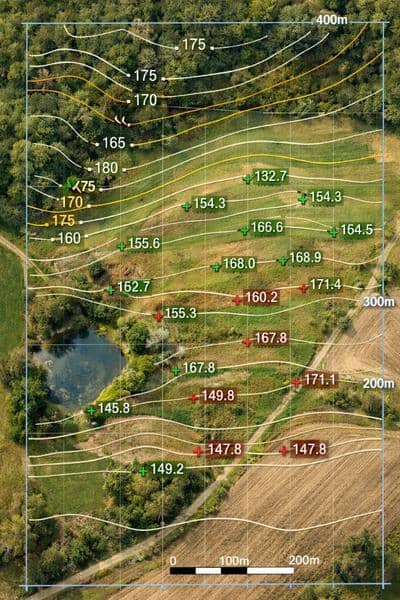 Aerial view with topographic survey contour lines and elevation points used for land planning