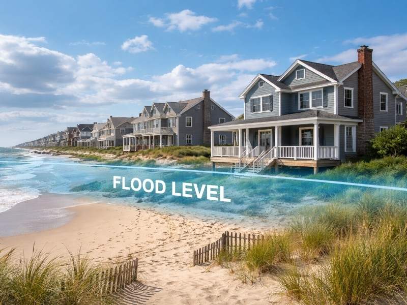 Coastal homes in a flood zone with water level markings illustrating the importance of an elevation certificate before construction