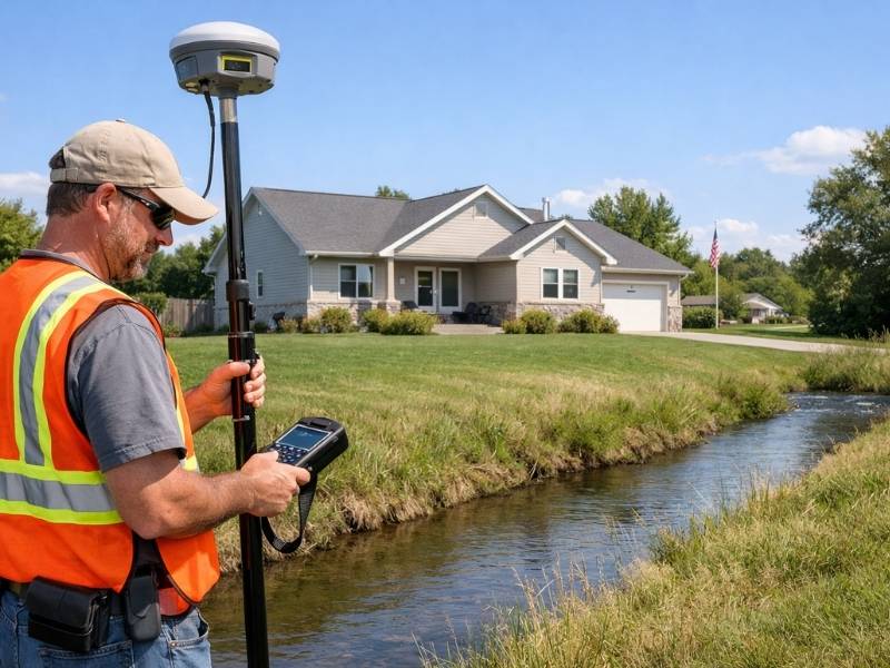 Shoreline property survey before waterfront addition - York Land Surveying Land surveyor using GPS equipment to survey a shoreline property before a waterfront construction project