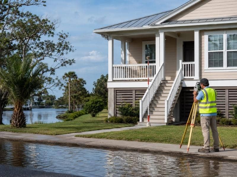 Land surveyor measuring an elevated home beside a low flooded street with a bayou visible beyond the property.